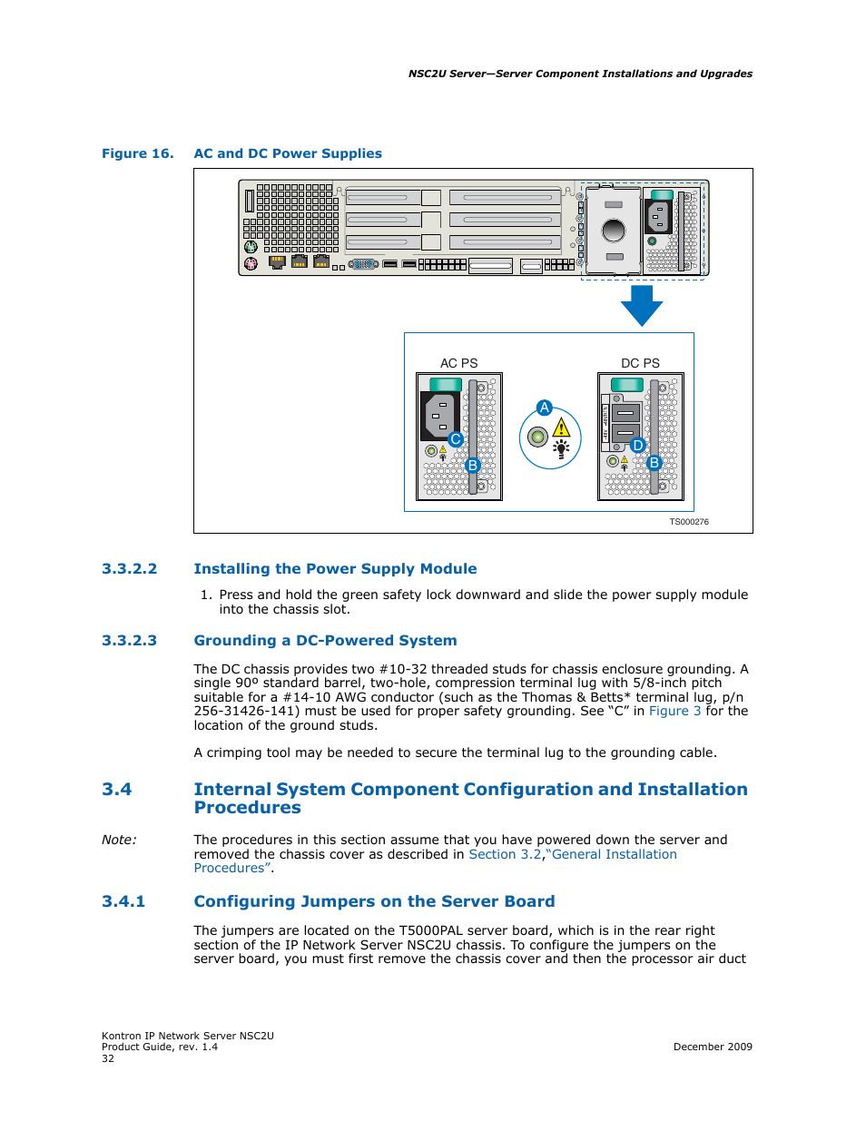 1 configuring jumpers on the server board, Installing the power supply module, Grounding a dc-powered system | Configuring jumpers on the server board, Figure 16 | Kontron NSC2U IP Network Server User Manual | Page 32 / 152