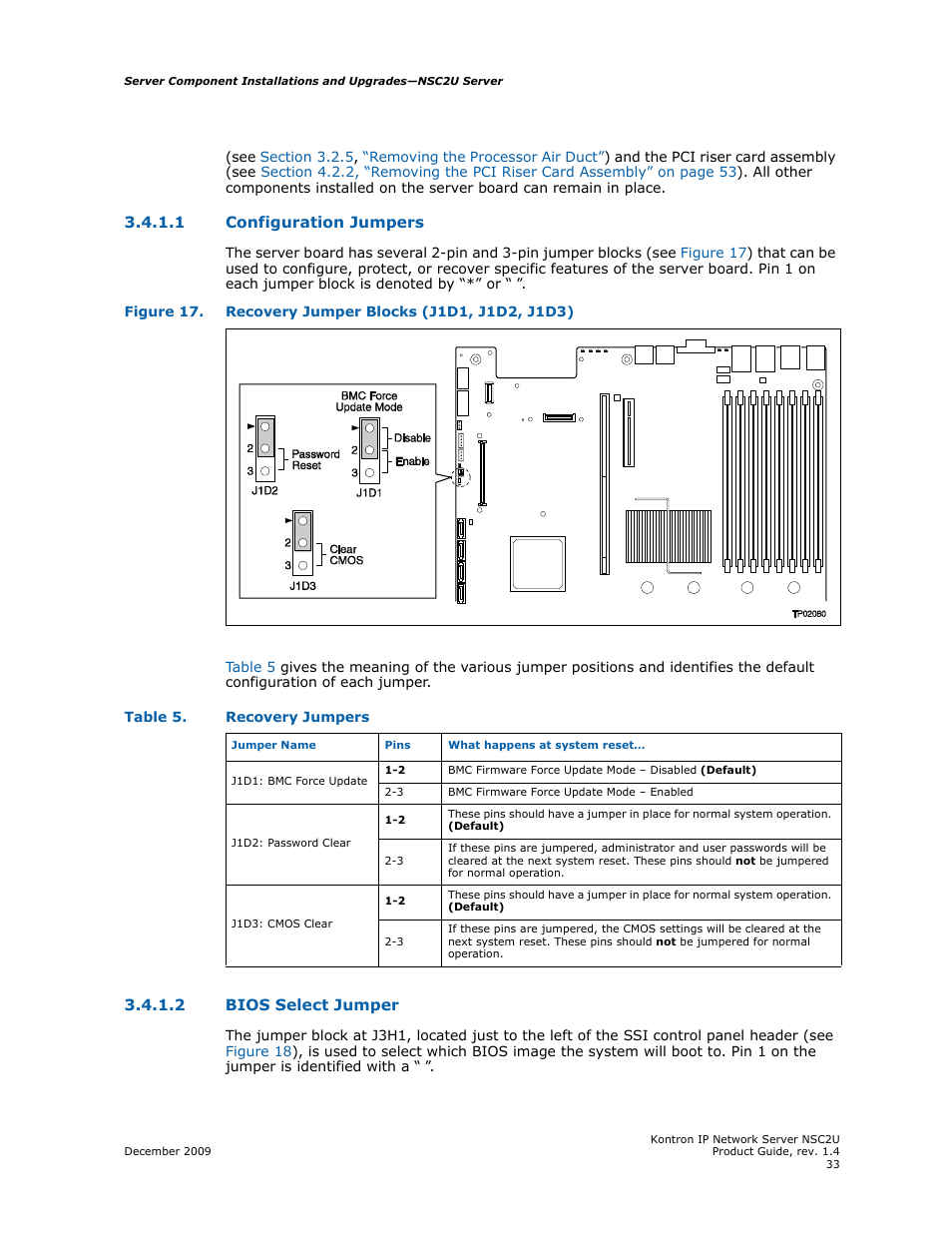 Configuration jumpers, Bios select jumper | Kontron NSC2U IP Network Server User Manual | Page 33 / 152