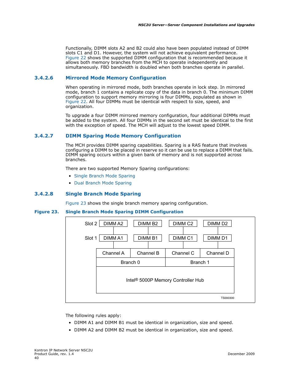 Mirrored mode memory configuration, Dimm sparing mode memory configuration, Single branch mode sparing | Kontron NSC2U IP Network Server User Manual | Page 40 / 152