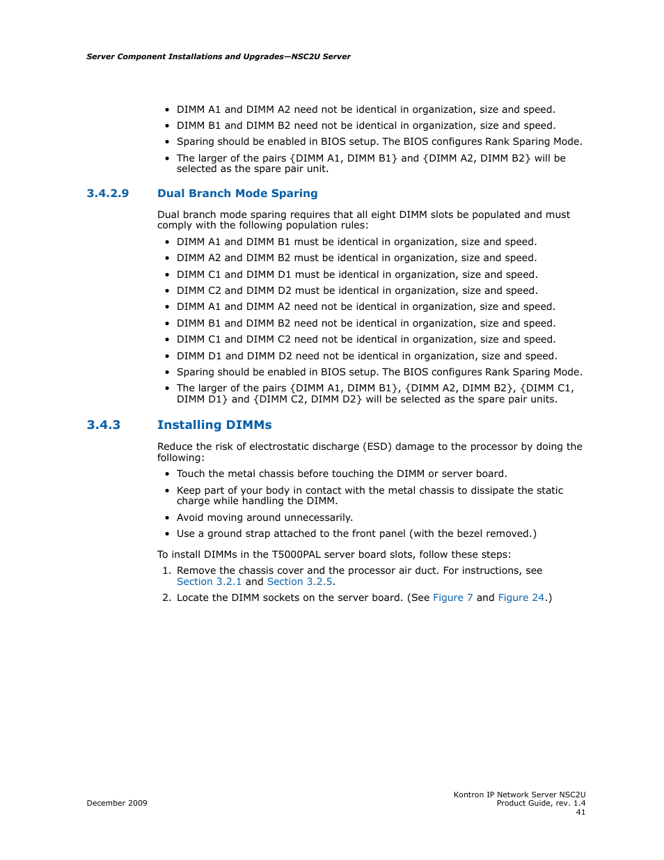 3 installing dimms, Dual branch mode sparing, Installing dimms | Kontron NSC2U IP Network Server User Manual | Page 41 / 152