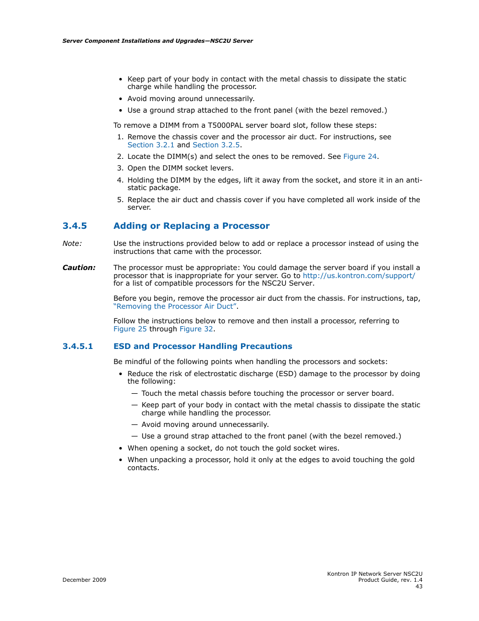 5 adding or replacing a processor, Adding or replacing a processor 3.4.5.1, Esd and processor handling precautions | Kontron NSC2U IP Network Server User Manual | Page 43 / 152