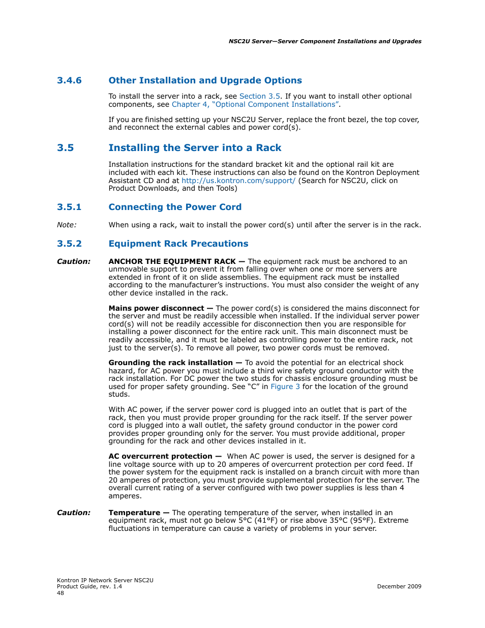 6 other installation and upgrade options, 5 installing the server into a rack, 1 connecting the power cord | 2 equipment rack precautions, Other installation and upgrade options, Installing the server into a rack 3.5.1, Connecting the power cord, Equipment rack precautions | Kontron NSC2U IP Network Server User Manual | Page 48 / 152