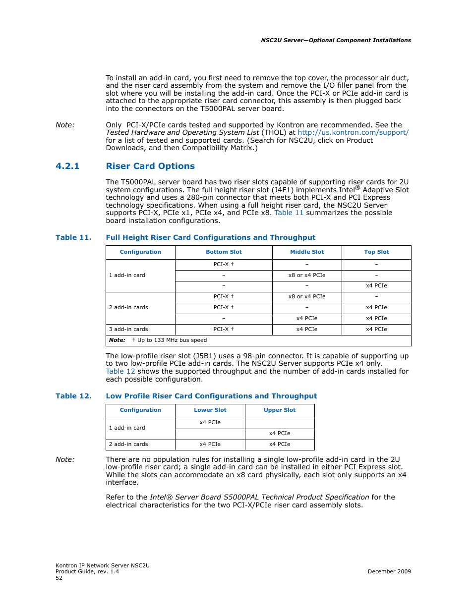 1 riser card options, Riser card options | Kontron NSC2U IP Network Server User Manual | Page 52 / 152
