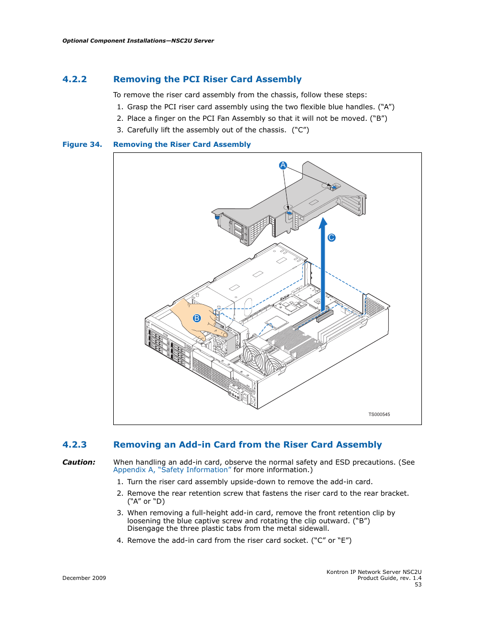 2 removing the pci riser card assembly, Removing the pci riser card assembly | Kontron NSC2U IP Network Server User Manual | Page 53 / 152