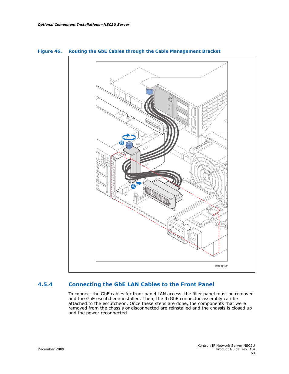 4 connecting the gbe lan cables to the front panel, Connecting the gbe lan cables to the front panel | Kontron NSC2U IP Network Server User Manual | Page 63 / 152