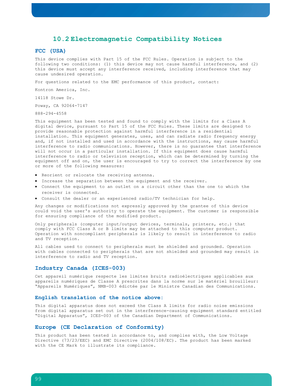 2 electromagnetic compatibility notices, Fcc (usa), Industry canada (ices-003) | Europe (ce declaration of conformity) | Kontron NSN2U IP Network Server User Manual | Page 100 / 103