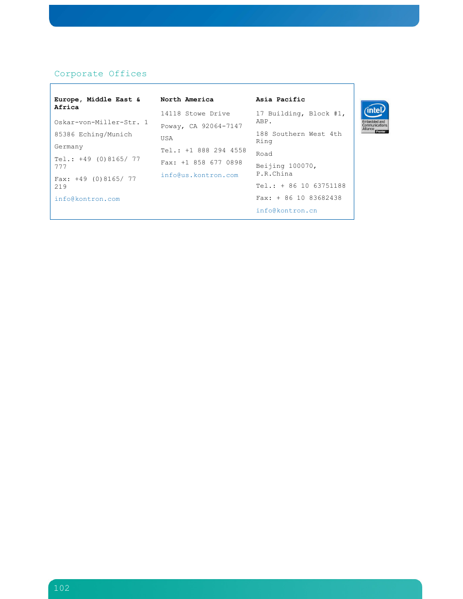 Corporate offices | Kontron NSN2U IP Network Server User Manual | Page 103 / 103
