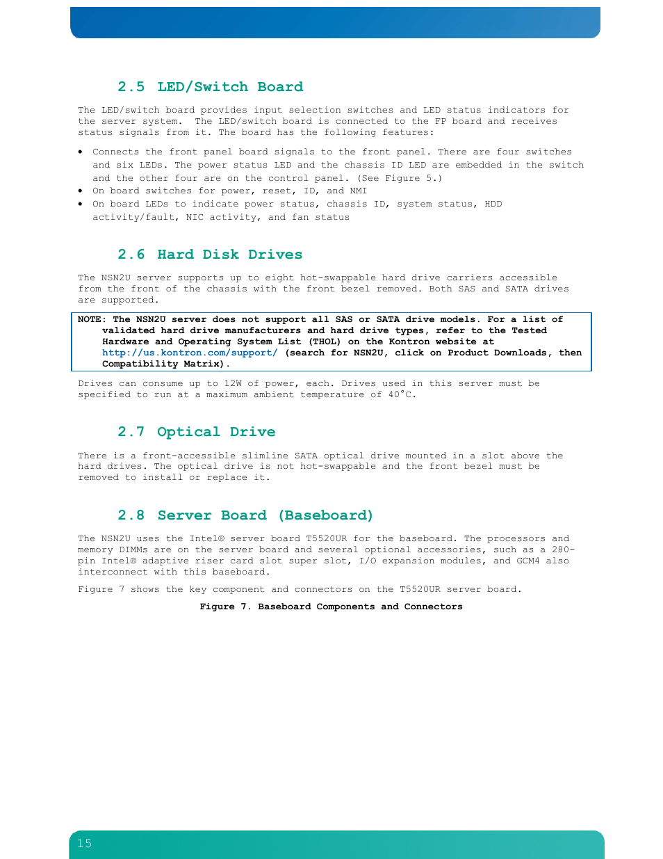 5 led/switch board, 6 hard disk drives, 7 optical drive | 8 server board (baseboard) | Kontron NSN2U IP Network Server User Manual | Page 16 / 103