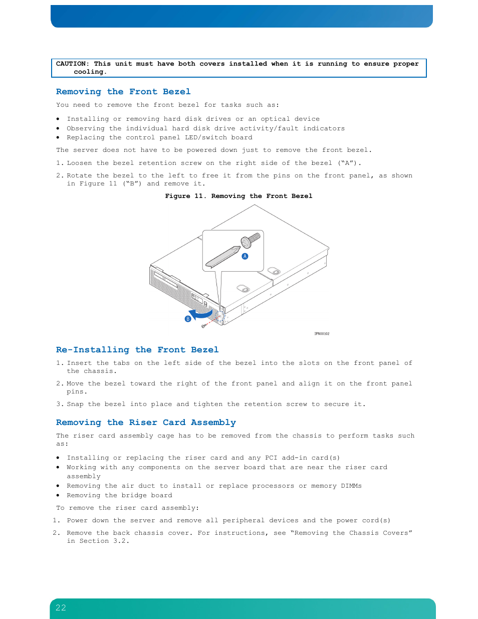 Removing the front bezel, Re-installing the front bezel, Removing the riser card assembly | Kontron NSN2U IP Network Server User Manual | Page 23 / 103