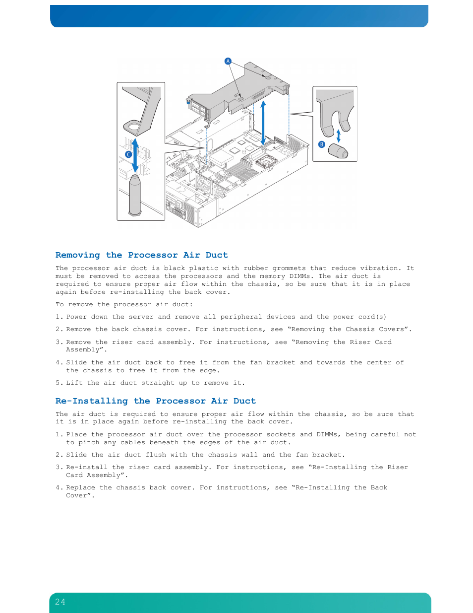 Removing the processor air duct, Re-installing the processor air duct | Kontron NSN2U IP Network Server User Manual | Page 25 / 103