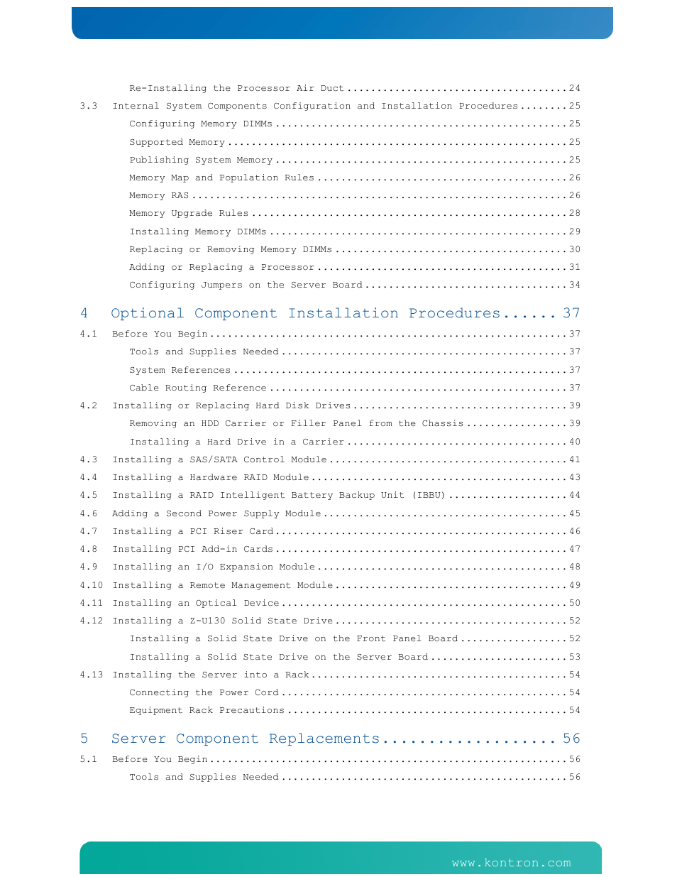 Optional component installation procedures, Server component replacements | Kontron NSN2U IP Network Server User Manual | Page 3 / 103