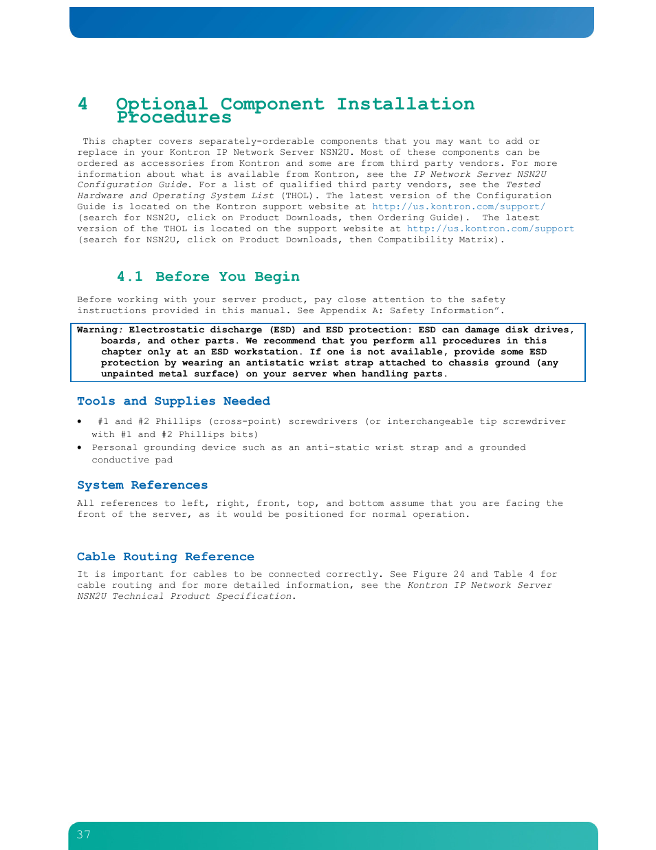 Chapter 4, Optional component installation procedures, 4 optional component installation procedures | 1 before you begin | Kontron NSN2U IP Network Server User Manual | Page 38 / 103