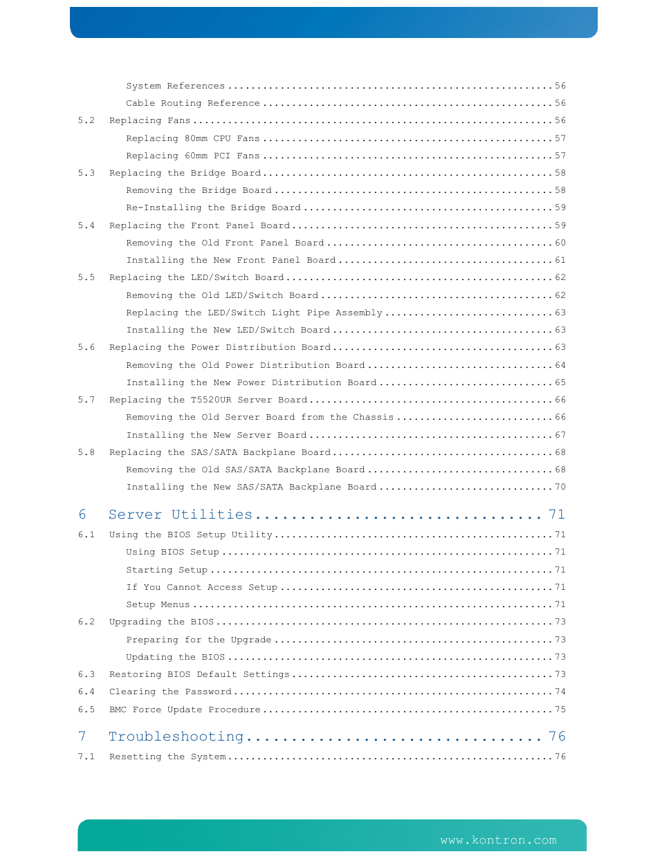 Server utilities, Troubleshooting | Kontron NSN2U IP Network Server User Manual | Page 4 / 103