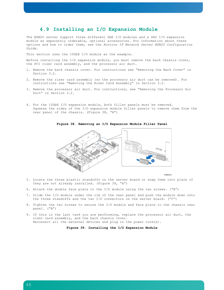 9 installing an i/o expansion module | Kontron NSN2U IP Network Server User Manual | Page 49 / 103