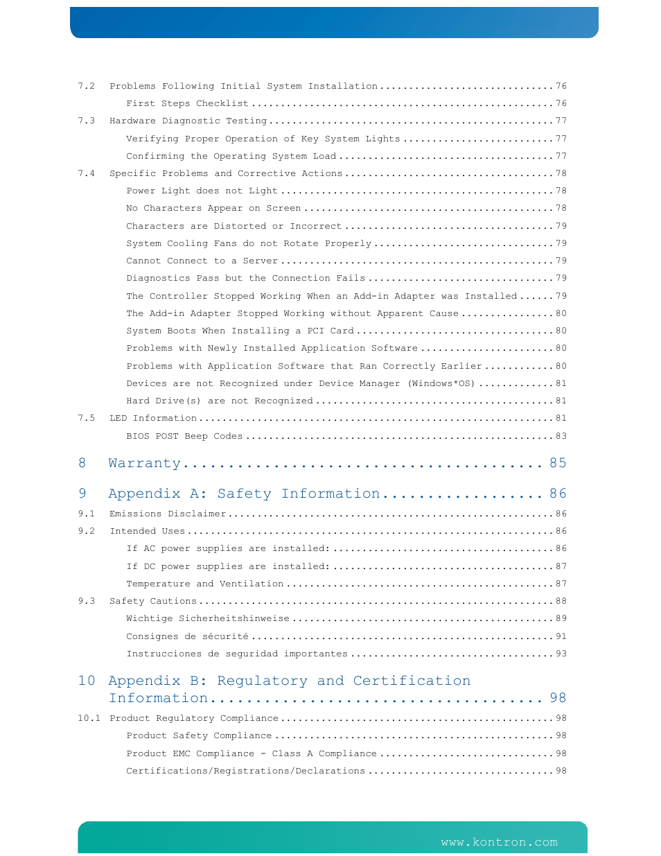 Warranty, Appendix a: safety information | Kontron NSN2U IP Network Server User Manual | Page 5 / 103