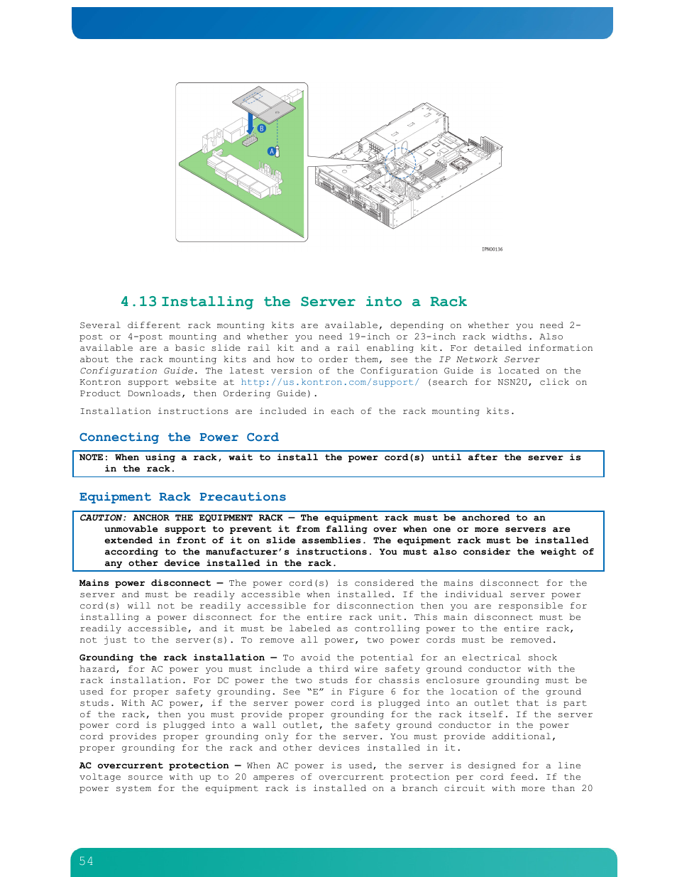 13 installing the server into a rack, Connecting the power cord, Equipment rack precautions | Kontron NSN2U IP Network Server User Manual | Page 55 / 103