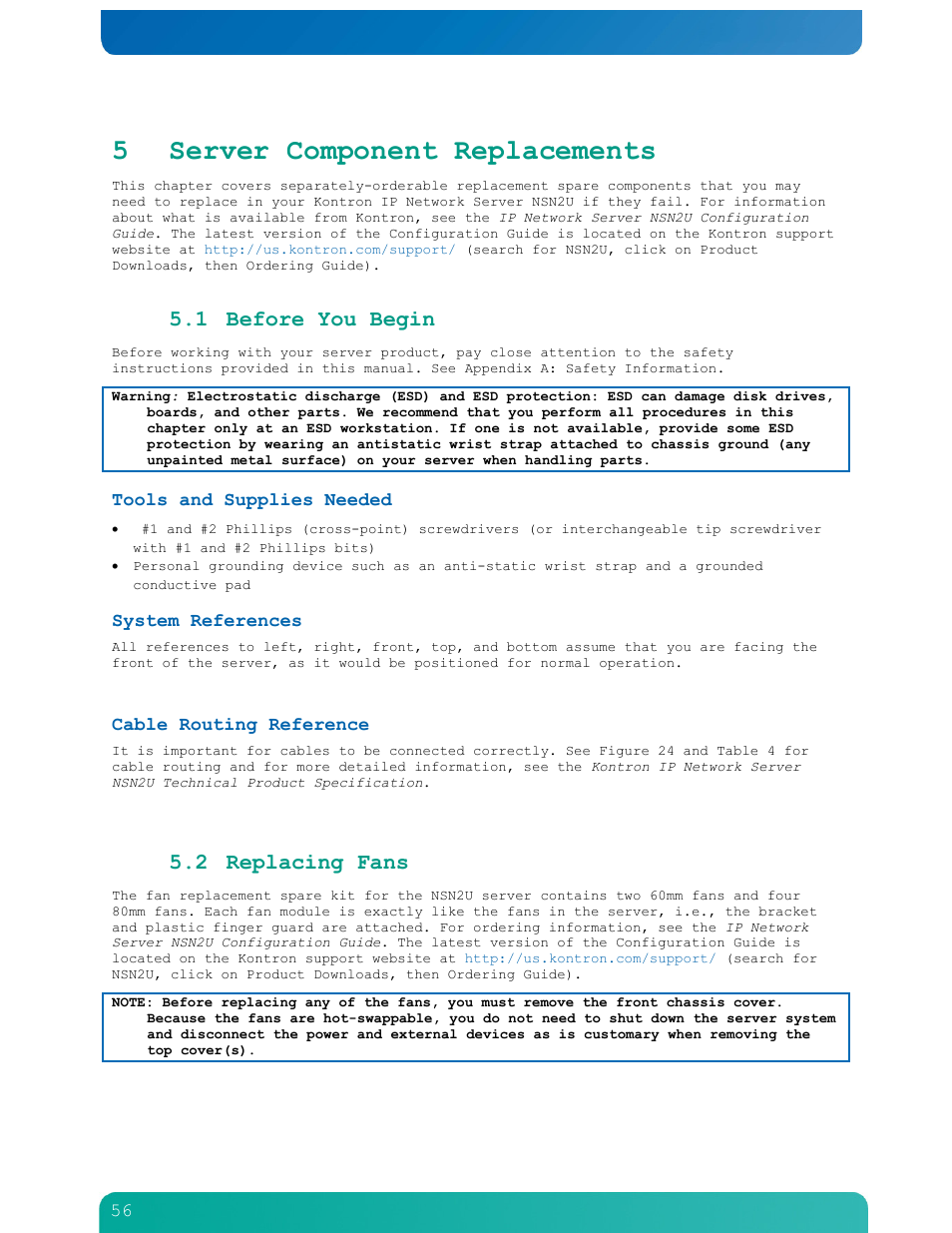 Chapter 5, Server component replacements, 5 server component replacements | 1 before you begin, 2 replacing fans | Kontron NSN2U IP Network Server User Manual | Page 57 / 103