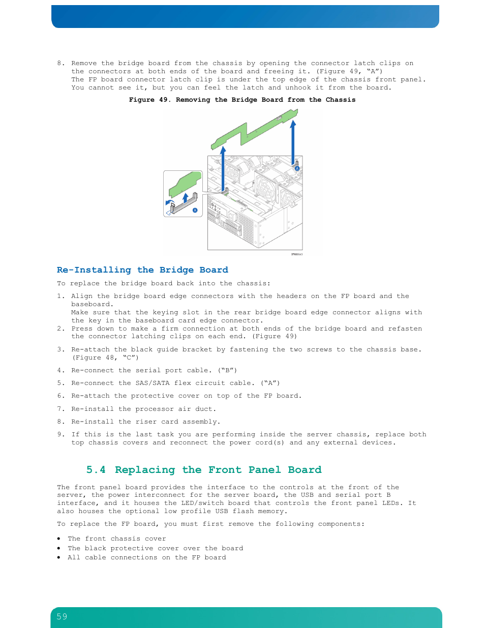 4 replacing the front panel board, Re-installing the bridge board | Kontron NSN2U IP Network Server User Manual | Page 60 / 103