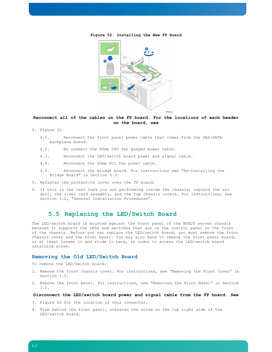 5 replacing the led/switch board, Removing the old led/switch board | Kontron NSN2U IP Network Server User Manual | Page 63 / 103