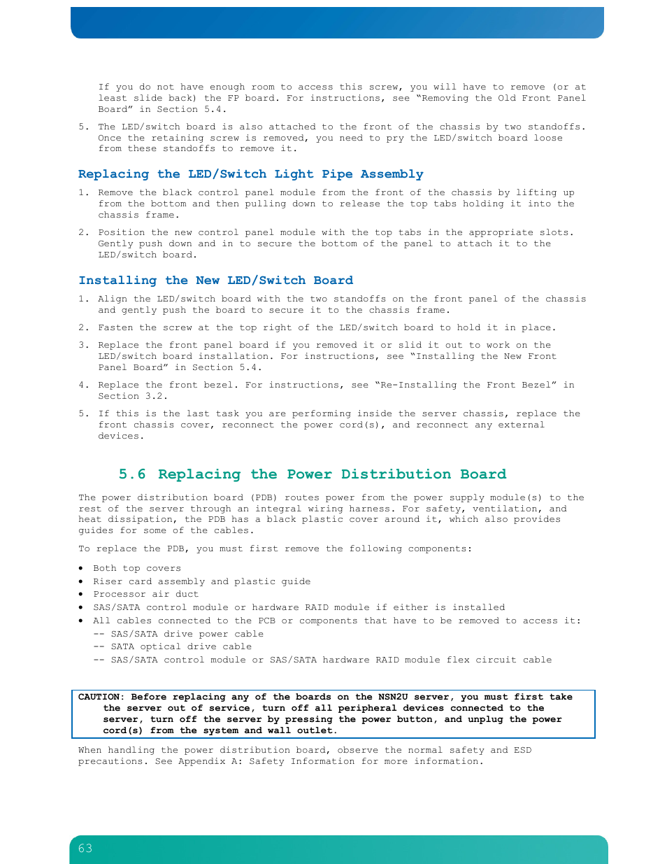 6 replacing the power distribution board, Replacing the led/switch light pipe assembly, Installing the new led/switch board | Kontron NSN2U IP Network Server User Manual | Page 64 / 103