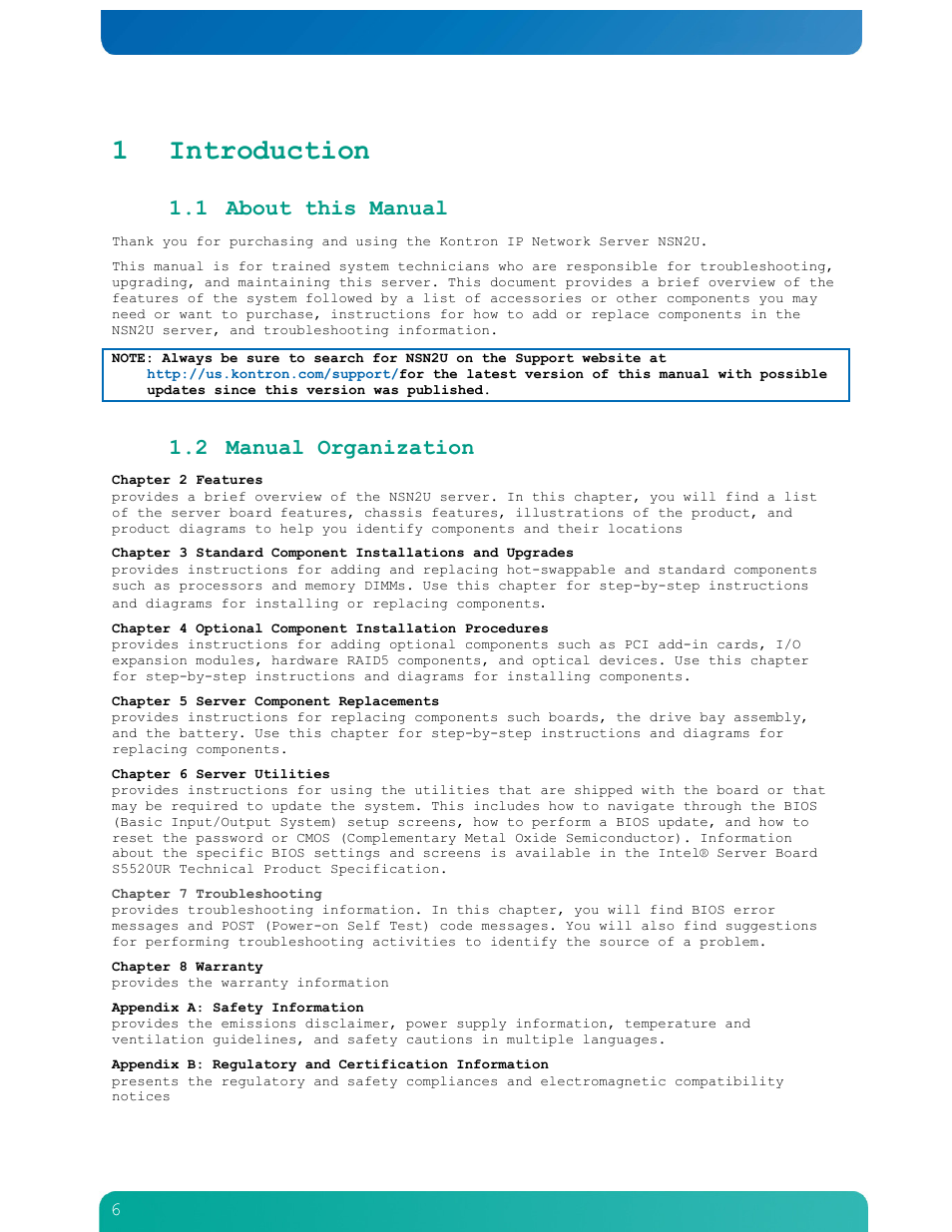 1 introduction, 1 about this manual, 2 manual organization | Kontron NSN2U IP Network Server User Manual | Page 7 / 103