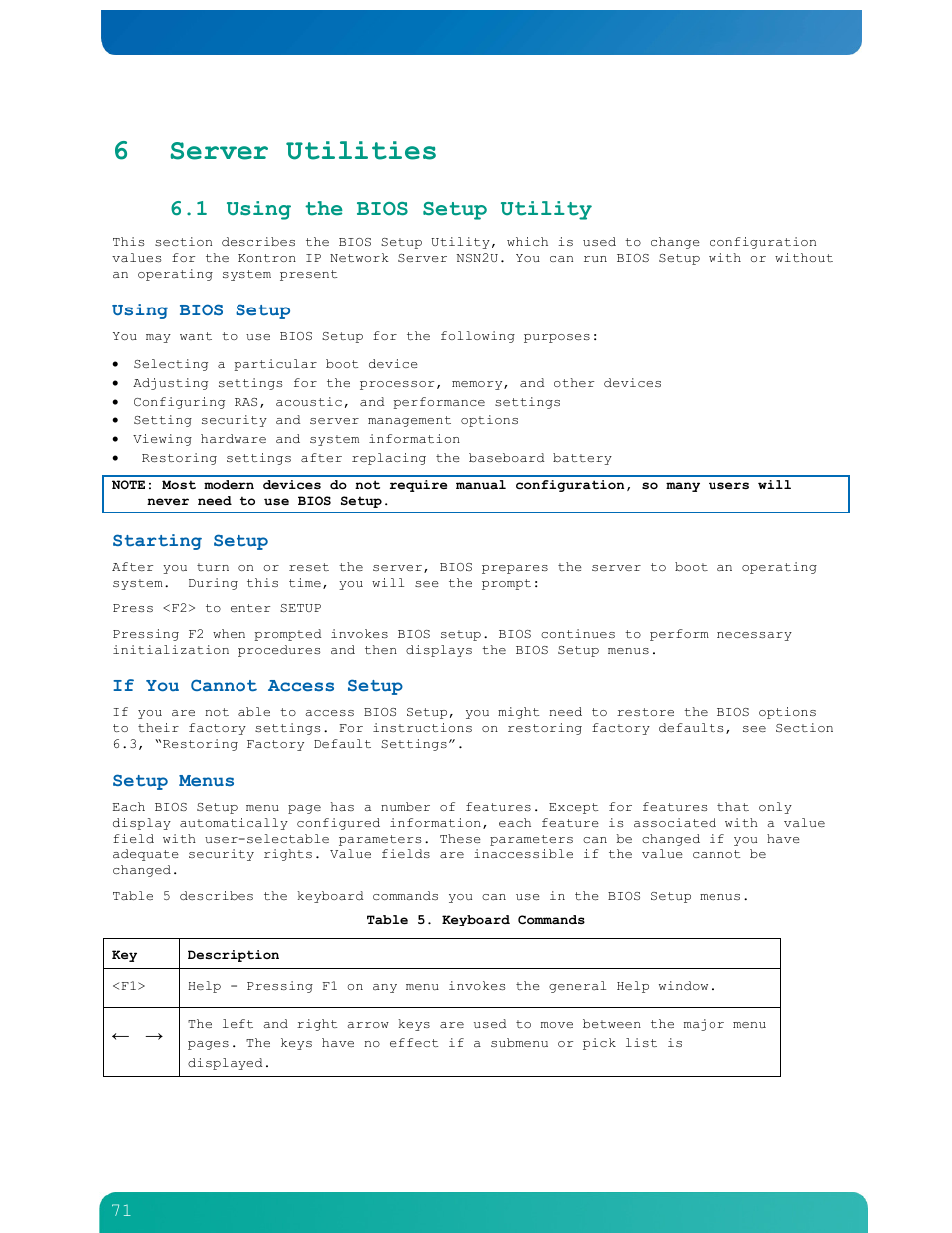 Chapter 6 server utilities, 6 server utilities, 1 using the bios setup utility | Kontron NSN2U IP Network Server User Manual | Page 72 / 103
