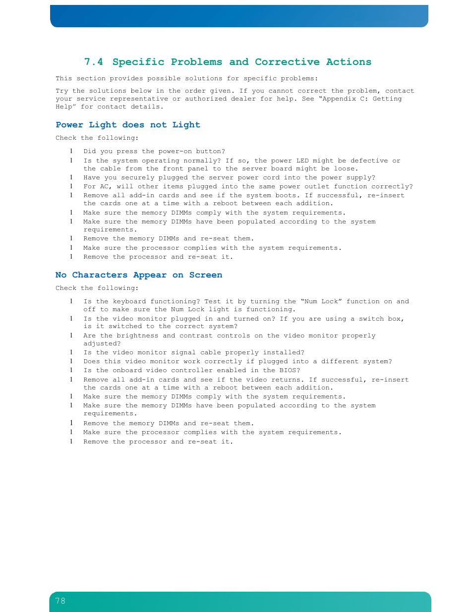 4 specific problems and corrective actions, Power light does not light, No characters appear on screen | Kontron NSN2U IP Network Server User Manual | Page 79 / 103