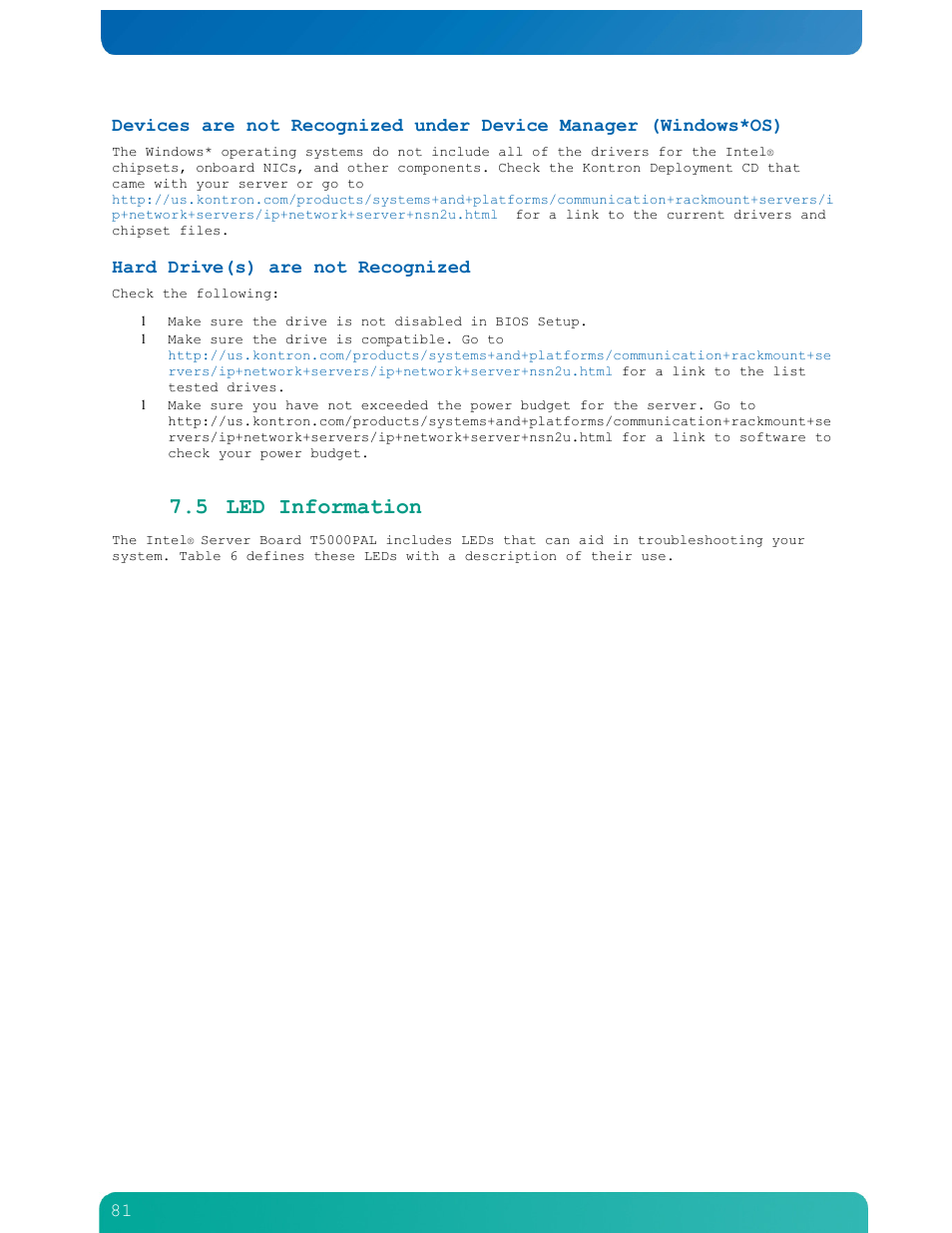 5 led information, Hard drive(s) are not recognized | Kontron NSN2U IP Network Server User Manual | Page 82 / 103