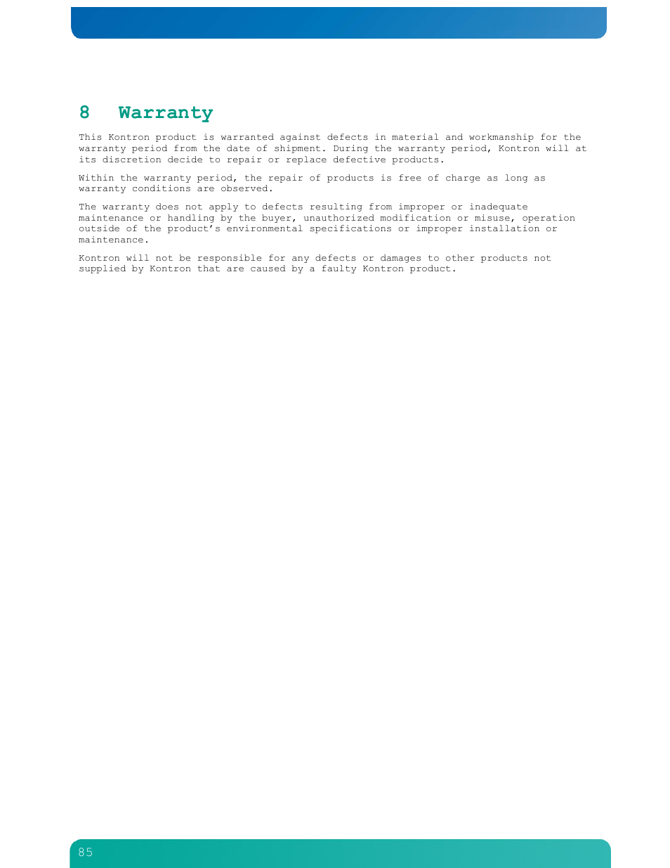 8 warranty | Kontron NSN2U IP Network Server User Manual | Page 86 / 103