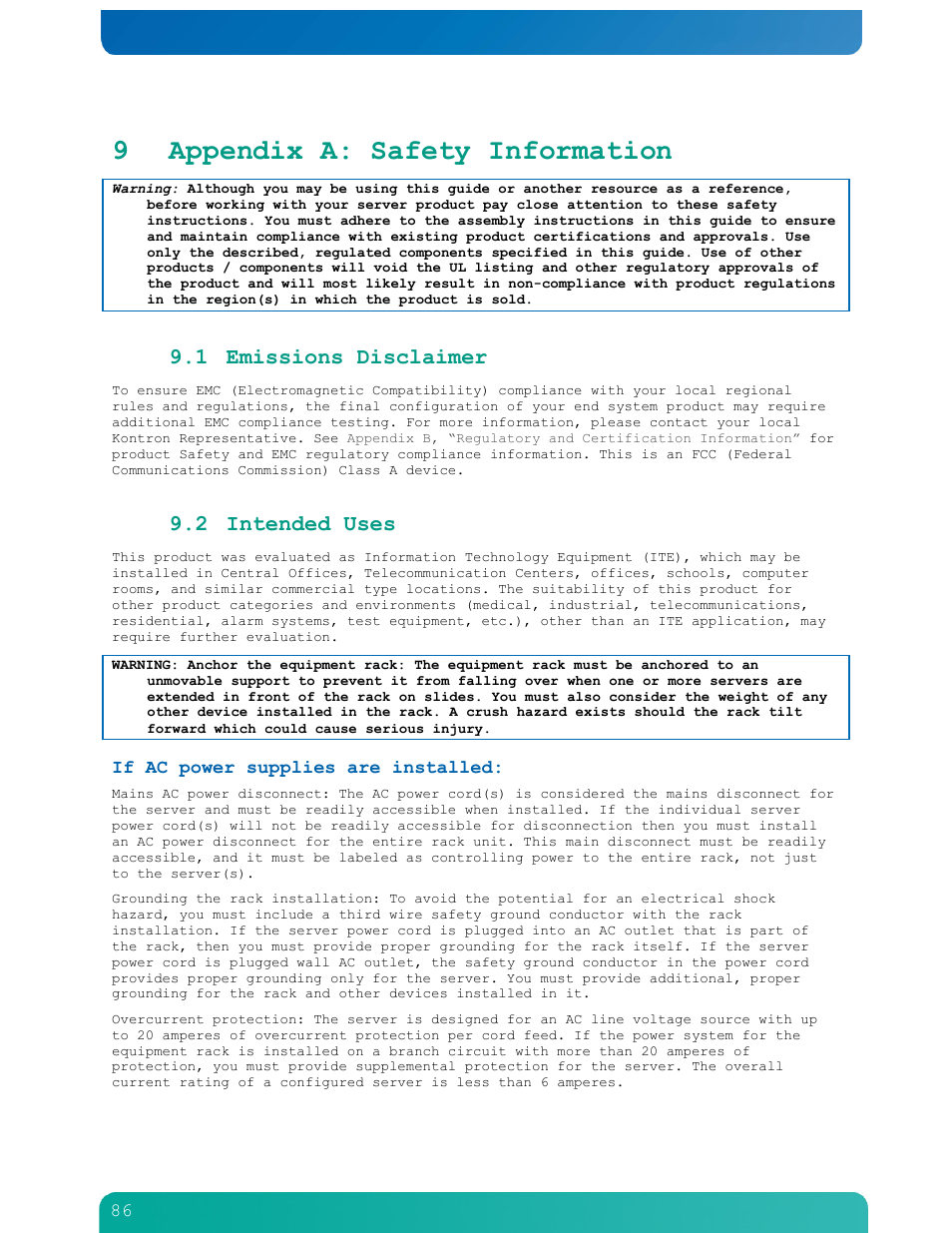 Appendix a : safety information, A, “appendix a: safety information, Appendix a, “appendix a: safety | Information, Precautions. see appendix a: safety information, Appendix a: safety information, 9 appendix a: safety information, 1 emissions disclaimer, 2 intended uses | Kontron NSN2U IP Network Server User Manual | Page 87 / 103