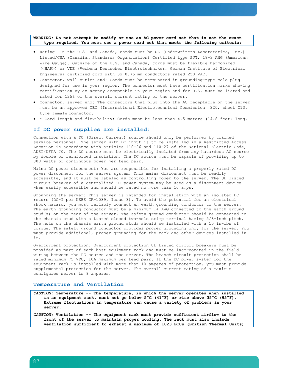 If dc power supplies are installed, Temperature and ventilation | Kontron NSN2U IP Network Server User Manual | Page 88 / 103
