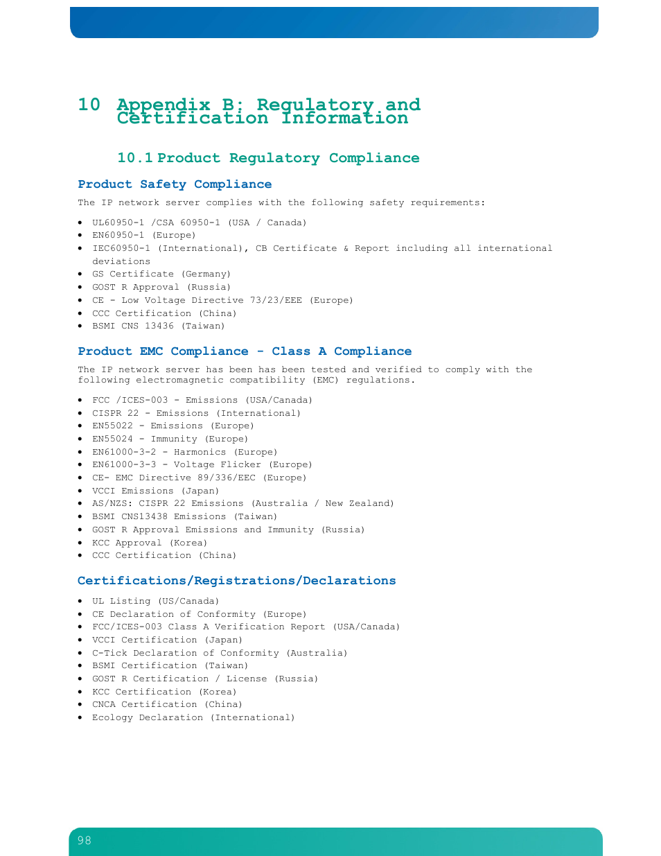 1 product regulatory compliance, Product safety compliance, Product emc compliance - class a compliance | Certifications/registrations/declarations | Kontron NSN2U IP Network Server User Manual | Page 99 / 103