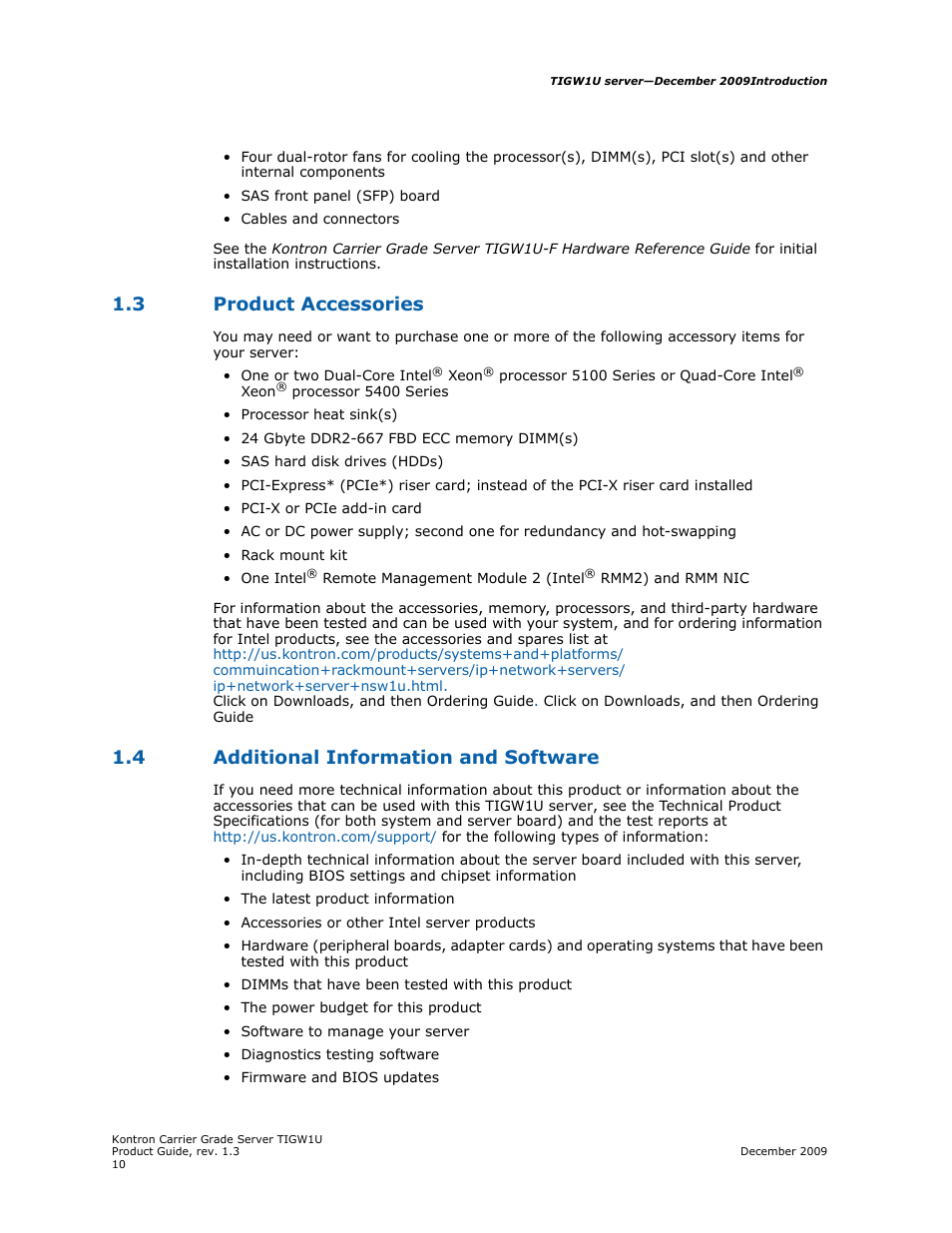 3 product accessories, 4 additional information and software, Product accessories | Additional information and software | Kontron TIGW1U Carrier Grade Server User Manual | Page 10 / 104