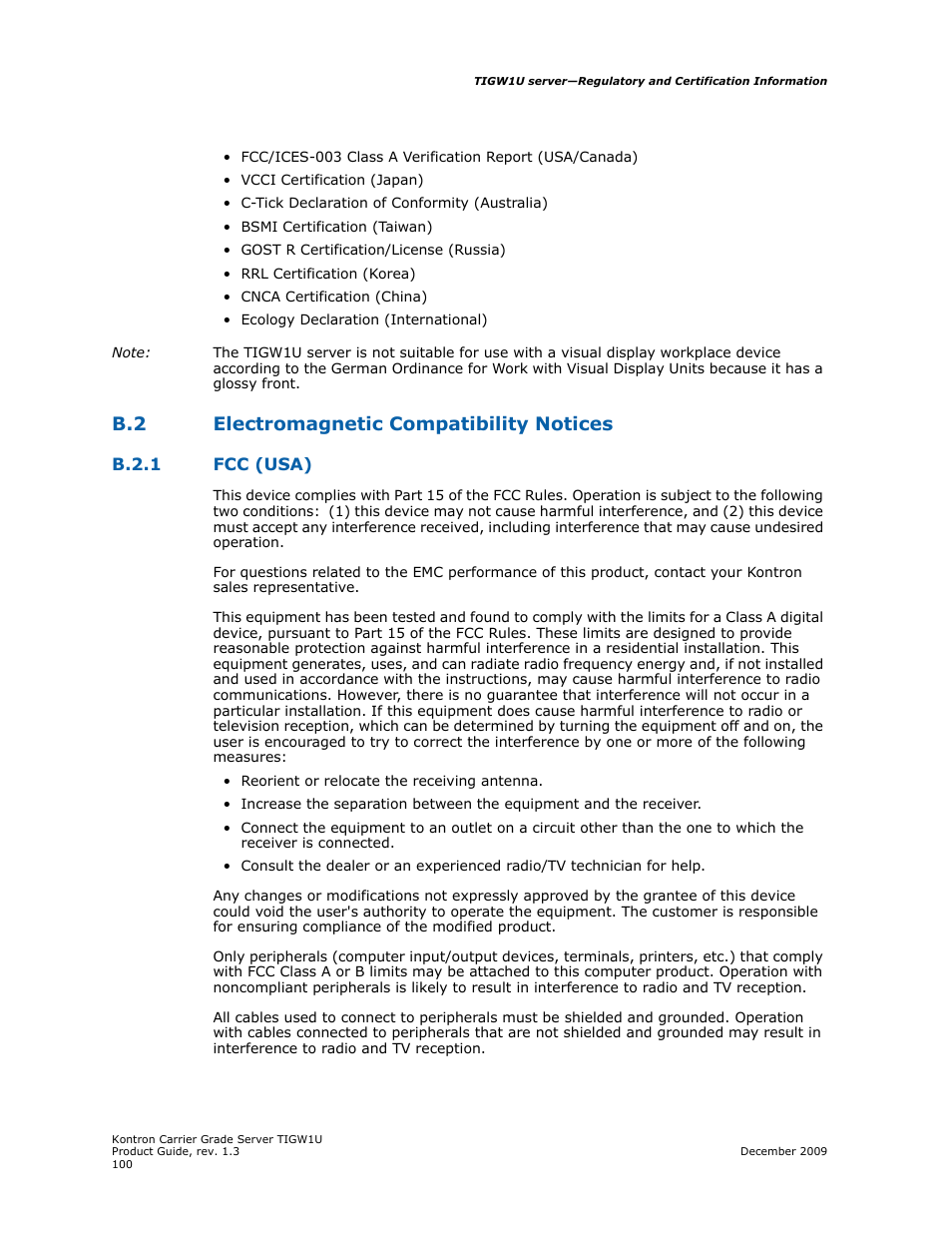 B.2 electromagnetic compatibility notices, Electromagnetic compatibility notices b.2.1, Fcc (usa) | Kontron TIGW1U Carrier Grade Server User Manual | Page 100 / 104