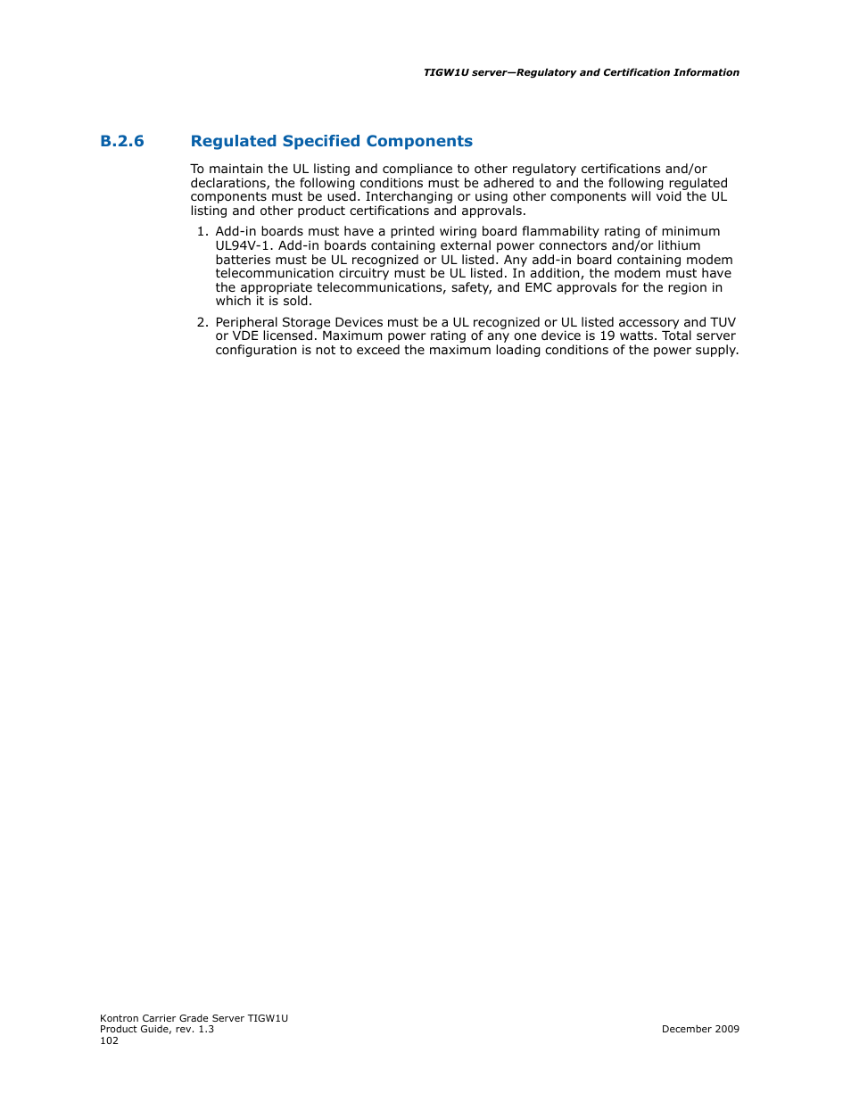 B.2.6, Regulated specified components, B.2.6 regulated specified components | Kontron TIGW1U Carrier Grade Server User Manual | Page 102 / 104