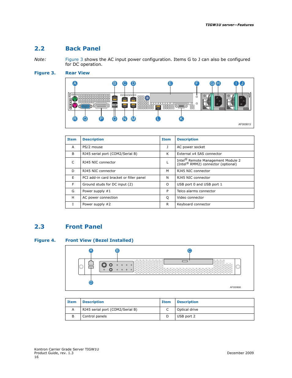 2 back panel, 3 front panel, Back panel | Front panel | Kontron TIGW1U Carrier Grade Server User Manual | Page 16 / 104