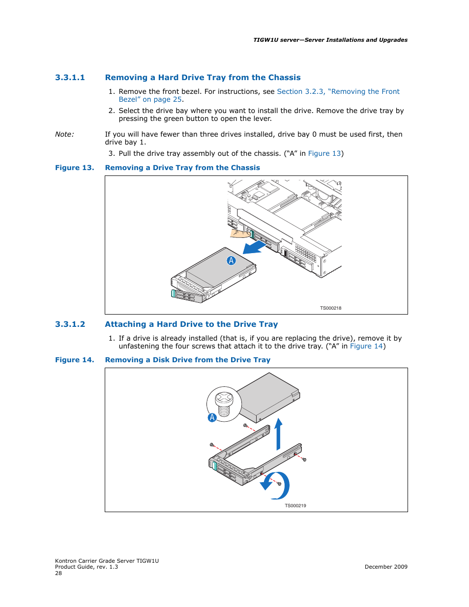 1 removing a hard drive tray from the chassis, 2 attaching a hard drive to the drive tray, Removing a hard drive tray from the chassis | Attaching a hard drive to the drive tray | Kontron TIGW1U Carrier Grade Server User Manual | Page 28 / 104