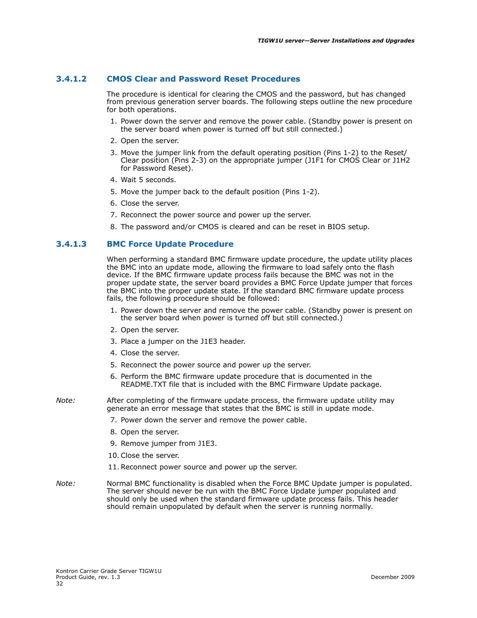 2 cmos clear and password reset procedures, 3 bmc force update procedure, Bmc force update procedure | Kontron TIGW1U Carrier Grade Server User Manual | Page 32 / 104
