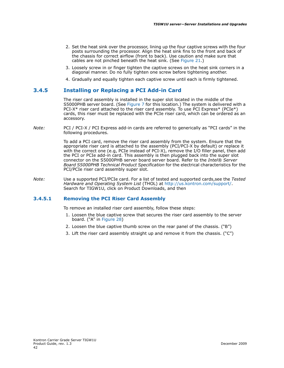 5 installing or replacing a pci add-in card, 1 removing the pci riser card assembly, Installing or replacing a pci add-in card 3.4.5.1 | Removing the pci riser card assembly, Section 3.4.5, Installing or replacing a pci add-in card | Kontron TIGW1U Carrier Grade Server User Manual | Page 42 / 104
