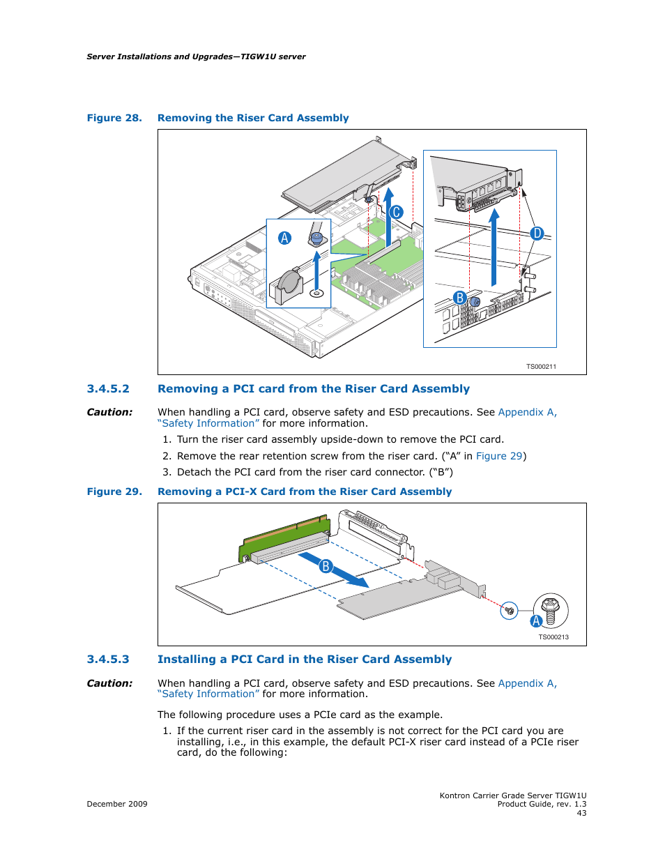 2 removing a pci card from the riser card assembly, 3 installing a pci card in the riser card assembly, Removing a pci card from the riser card assembly | Installing a pci card in the riser card assembly, Figure 28, Ca b d | Kontron TIGW1U Carrier Grade Server User Manual | Page 43 / 104