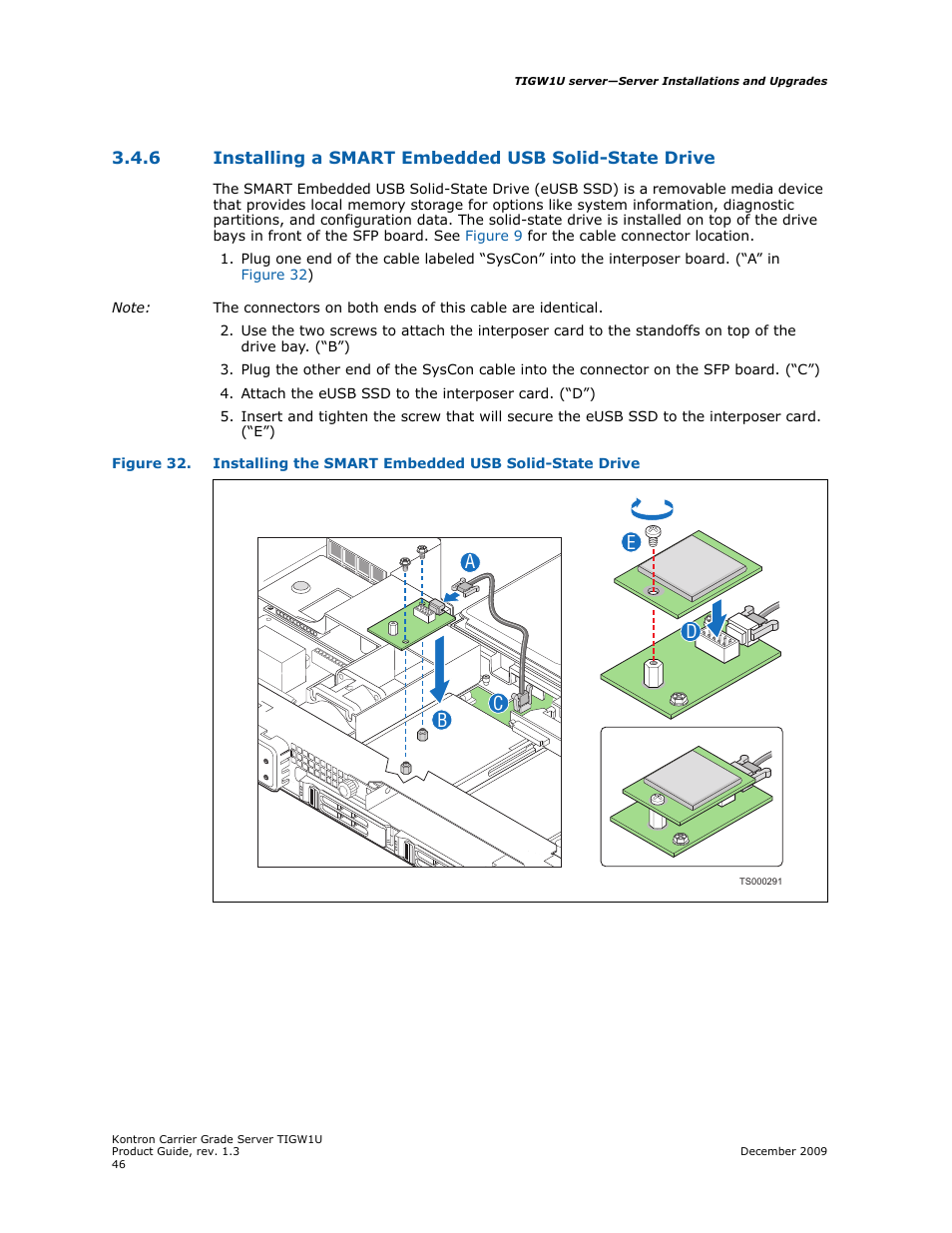 Installing a smart embedded usb solid-state drive, Ba c d e | Kontron TIGW1U Carrier Grade Server User Manual | Page 46 / 104