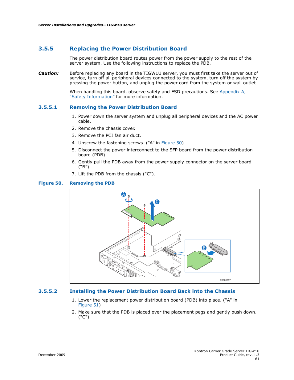 5 replacing the power distribution board, 1 removing the power distribution board, Replacing the power distribution board 3.5.5.1 | Removing the power distribution board, Chassis | Kontron TIGW1U Carrier Grade Server User Manual | Page 61 / 104
