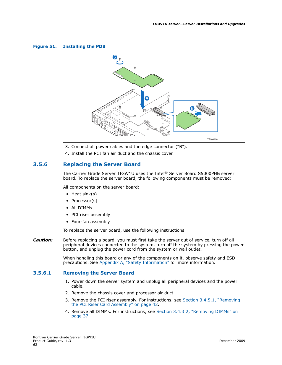 6 replacing the server board, 1 removing the server board, Replacing the server board 3.5.6.1 | Removing the server board, Figure 51 | Kontron TIGW1U Carrier Grade Server User Manual | Page 62 / 104