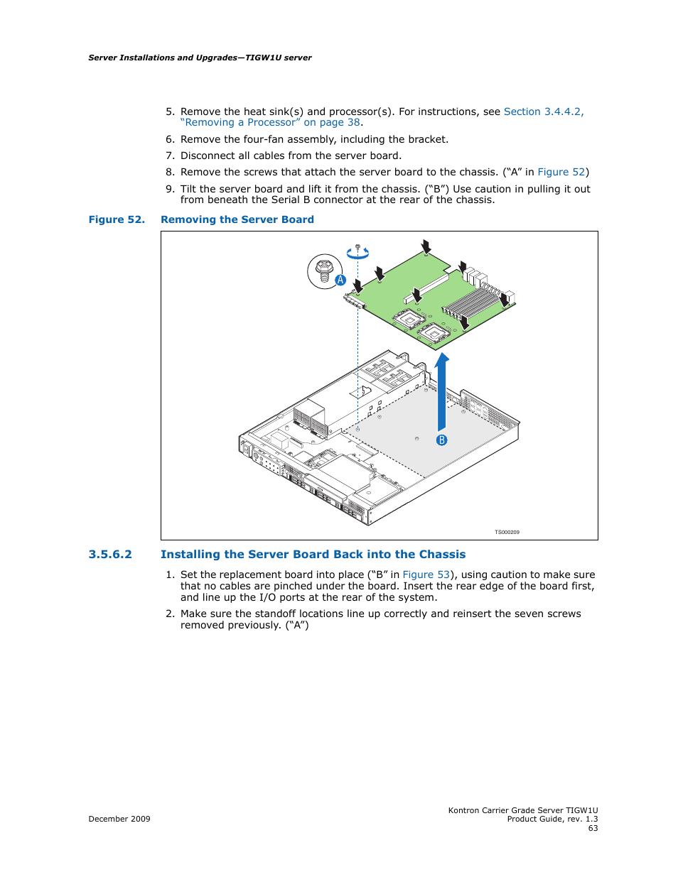 Installing the server board back into the chassis | Kontron TIGW1U Carrier Grade Server User Manual | Page 63 / 104