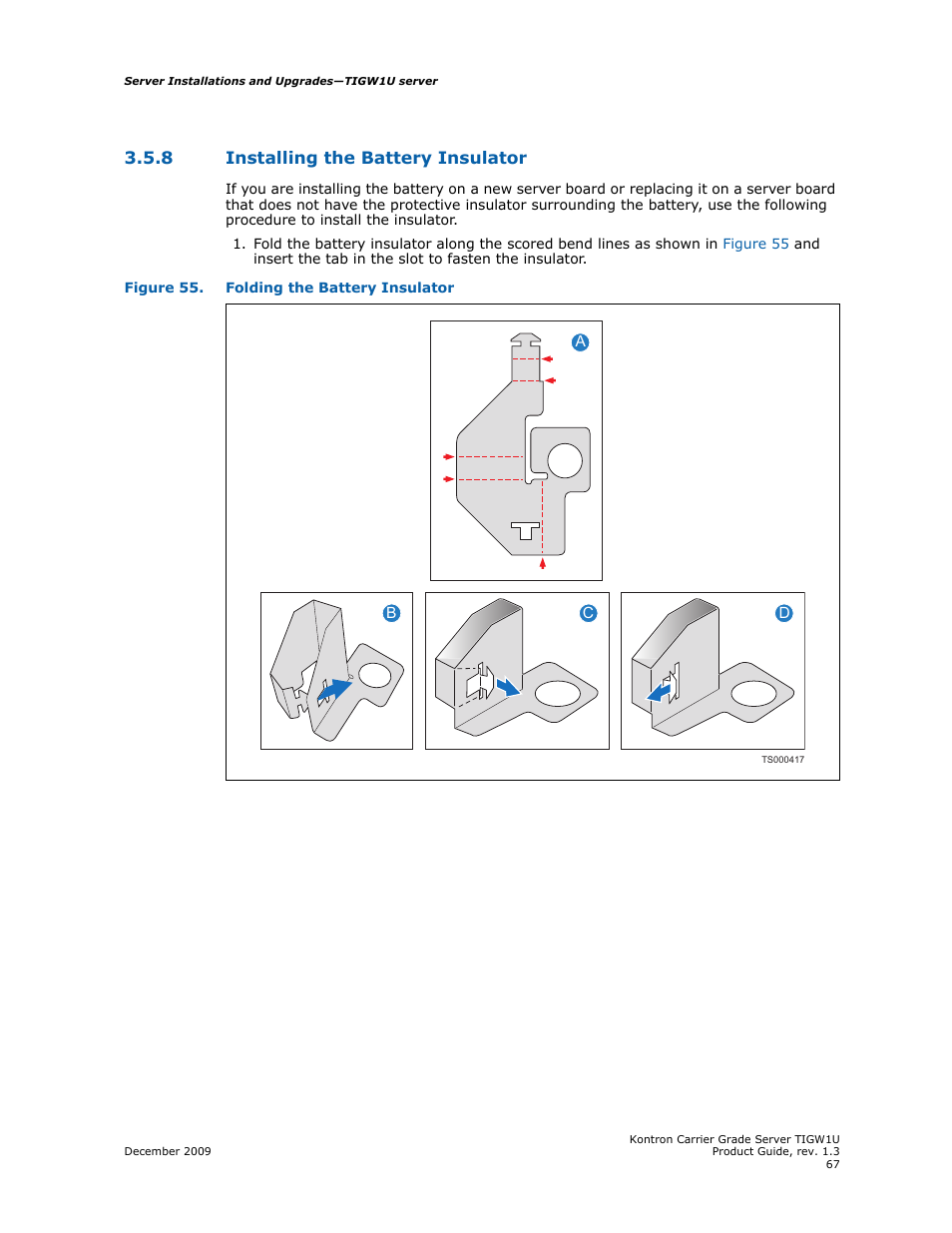 8 installing the battery insulator, Installing the battery insulator | Kontron TIGW1U Carrier Grade Server User Manual | Page 67 / 104