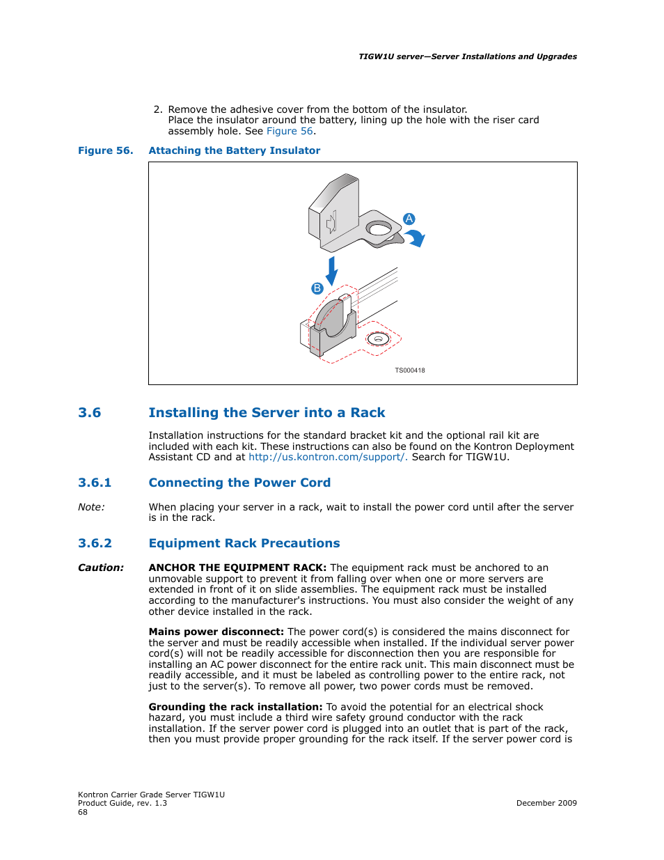 6 installing the server into a rack, 1 connecting the power cord, 2 equipment rack precautions | Installing the server into a rack 3.6.1, Connecting the power cord, Equipment rack precautions | Kontron TIGW1U Carrier Grade Server User Manual | Page 68 / 104