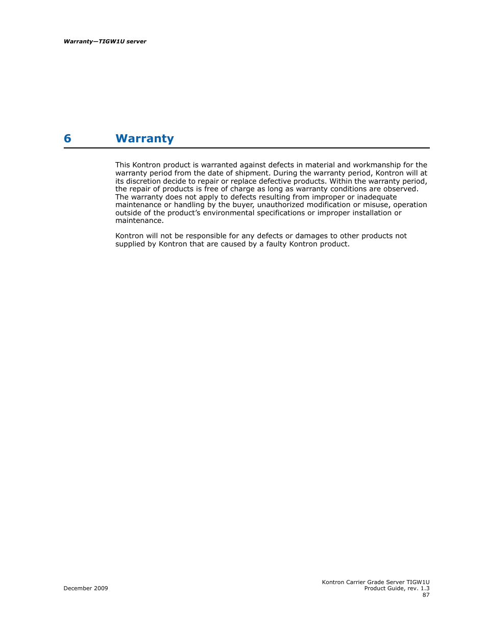 6 warranty, Warranty, 6warranty | Kontron TIGW1U Carrier Grade Server User Manual | Page 87 / 104