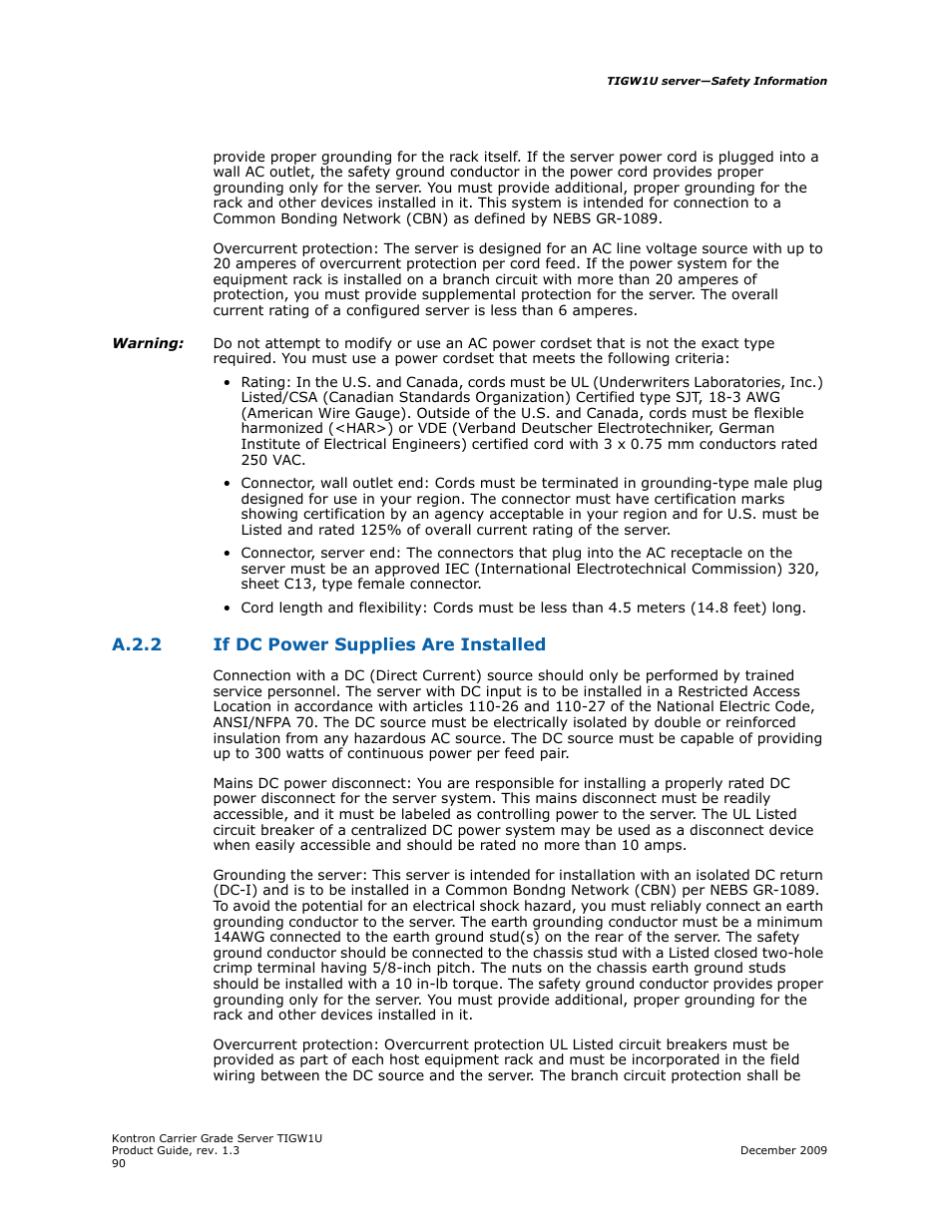 A.2.2, If dc power supplies are installed | Kontron TIGW1U Carrier Grade Server User Manual | Page 90 / 104