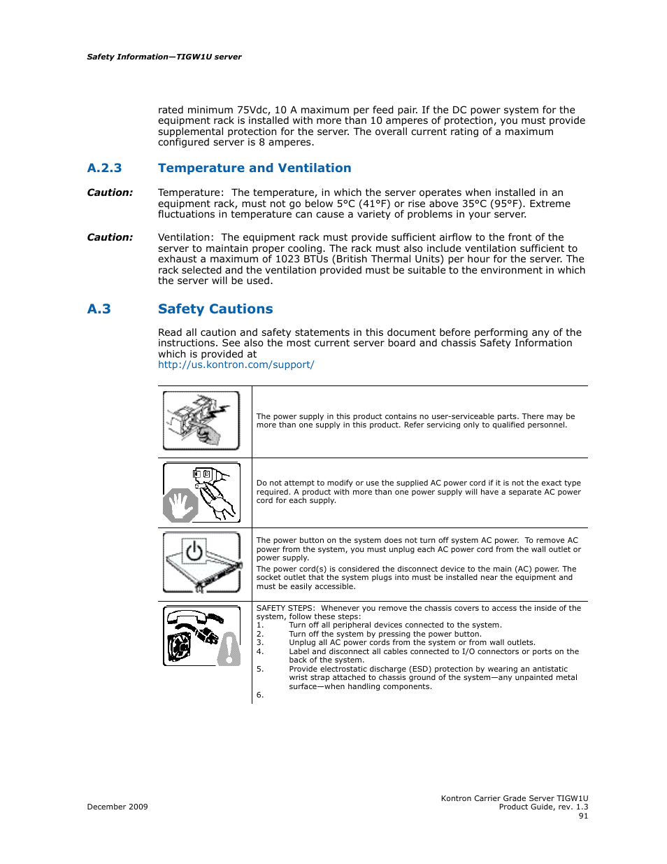 A.3 safety cautions, A.2.3, Temperature and ventilation | Safety cautions, A.2.3 temperature and ventilation | Kontron TIGW1U Carrier Grade Server User Manual | Page 91 / 104
