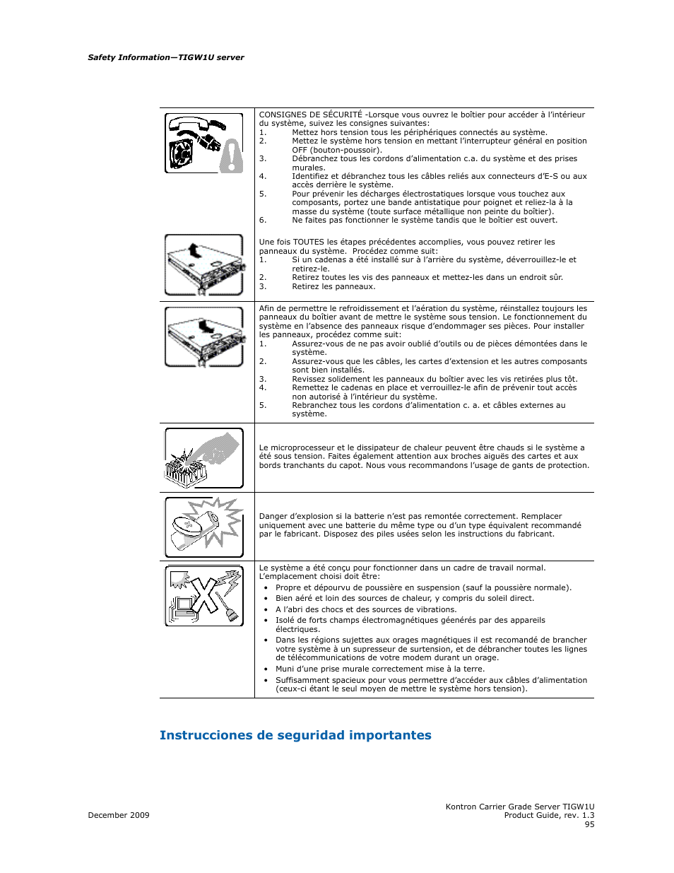Instrucciones de seguridad importantes | Kontron TIGW1U Carrier Grade Server User Manual | Page 95 / 104